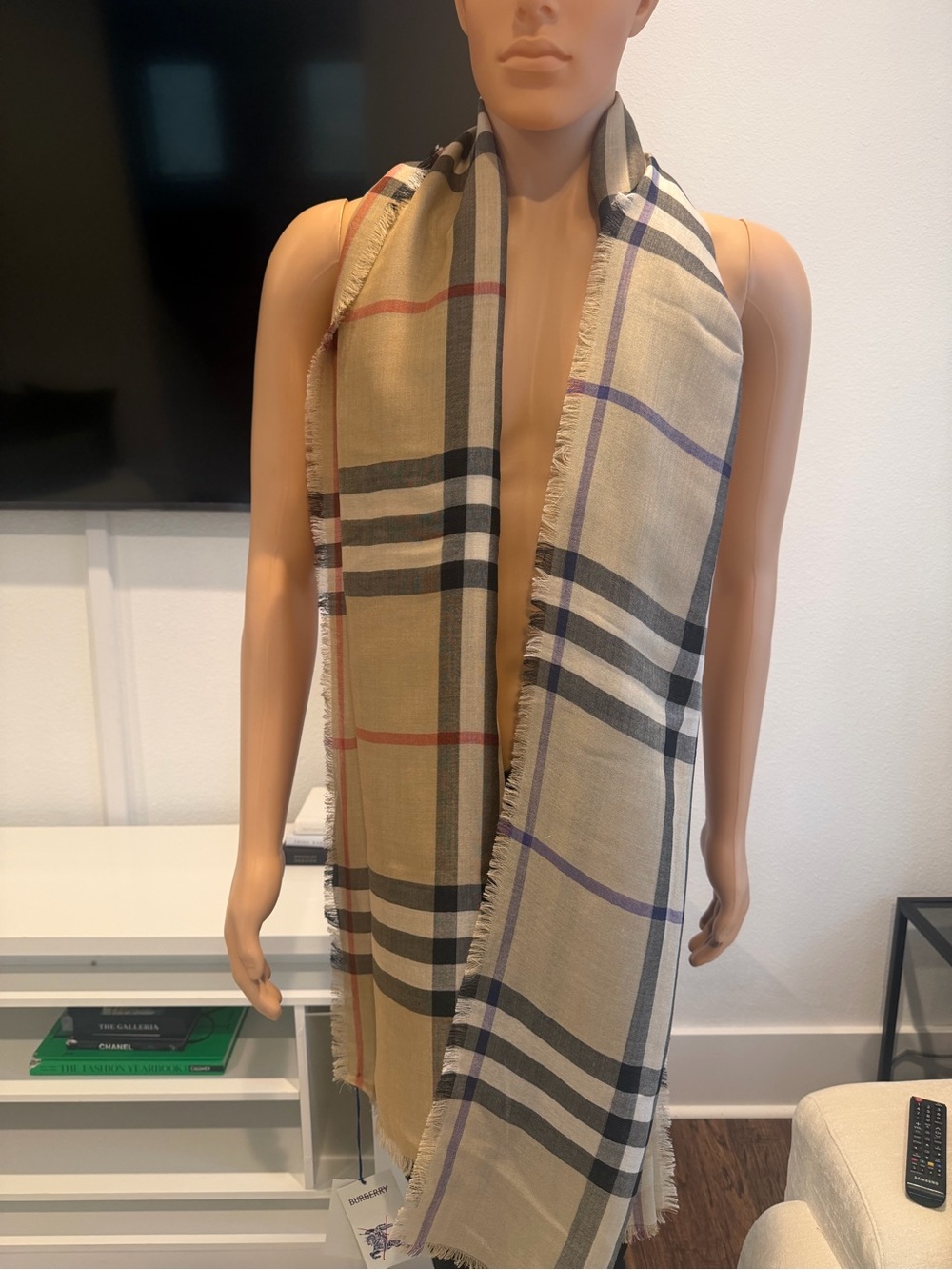 Burberry Wide Reversible Check Wool Silk Scarf Sand Beige Lichen Beige $625